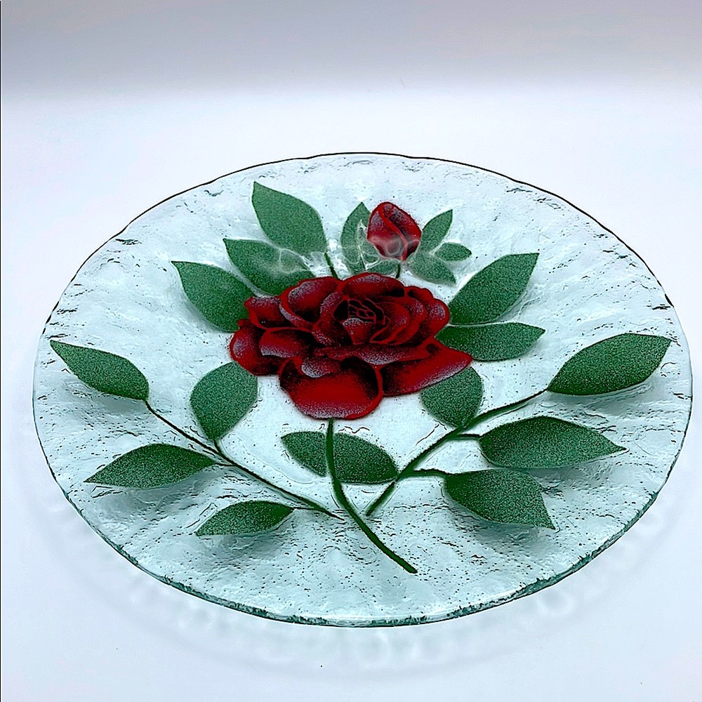Sydenstricker, Handmade Fused Art Glass 8.5” Plate, Red Rose, Made on Cape Cod